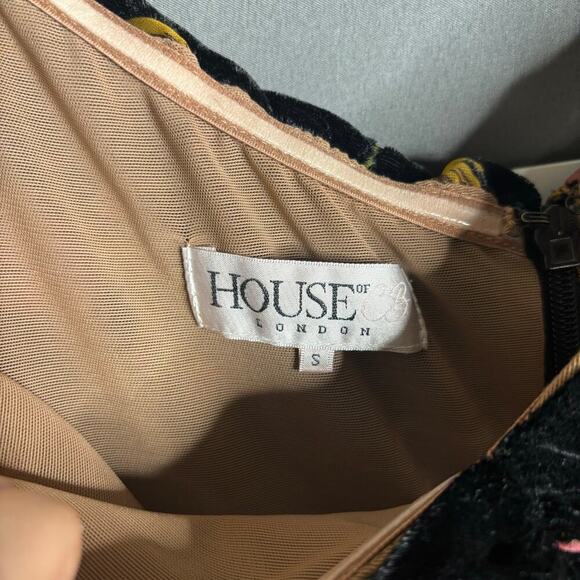 House of CB Noella Bardot Dress Black Peach Floral Size S - Picture 10 of 10